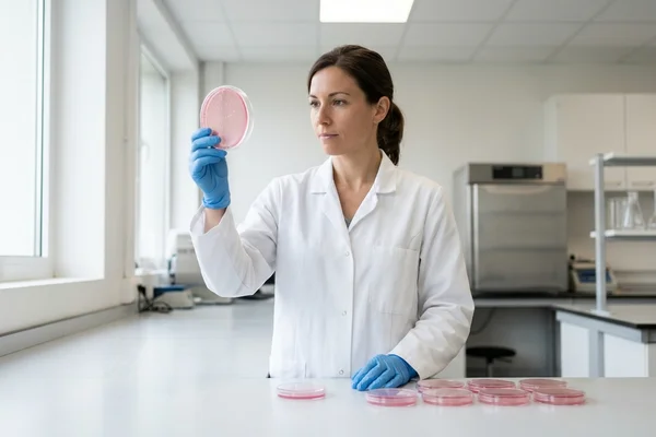 formation-certibiocide-desinfectants Formation Certibiocide Désinfectants : responsable qualité en blouse blanche et gants qui lit une boîte de prélèvement de surface dans un laboratoire de contrôle
