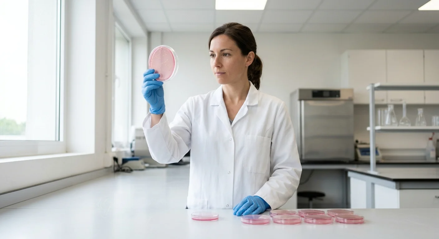 formation-certibiocide-desinfectants Formation Certibiocide Désinfectants : responsable qualité en blouse blanche et gants qui lit une boîte de prélèvement de surface dans un laboratoire de contrôle