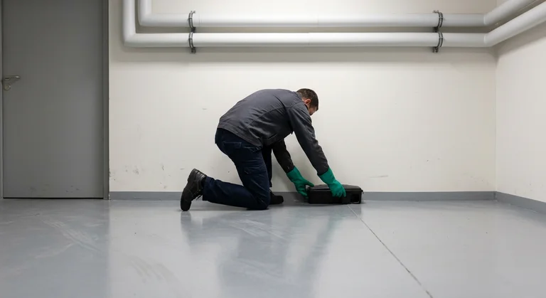 formation-certibiocide-nuisibles Formation Certibiocide Nuisibles : technicien en veste de travail et gants épais, à genoux, qui cale un poste d'appâtage fermé contre le mur d'un local technique au sous-sol