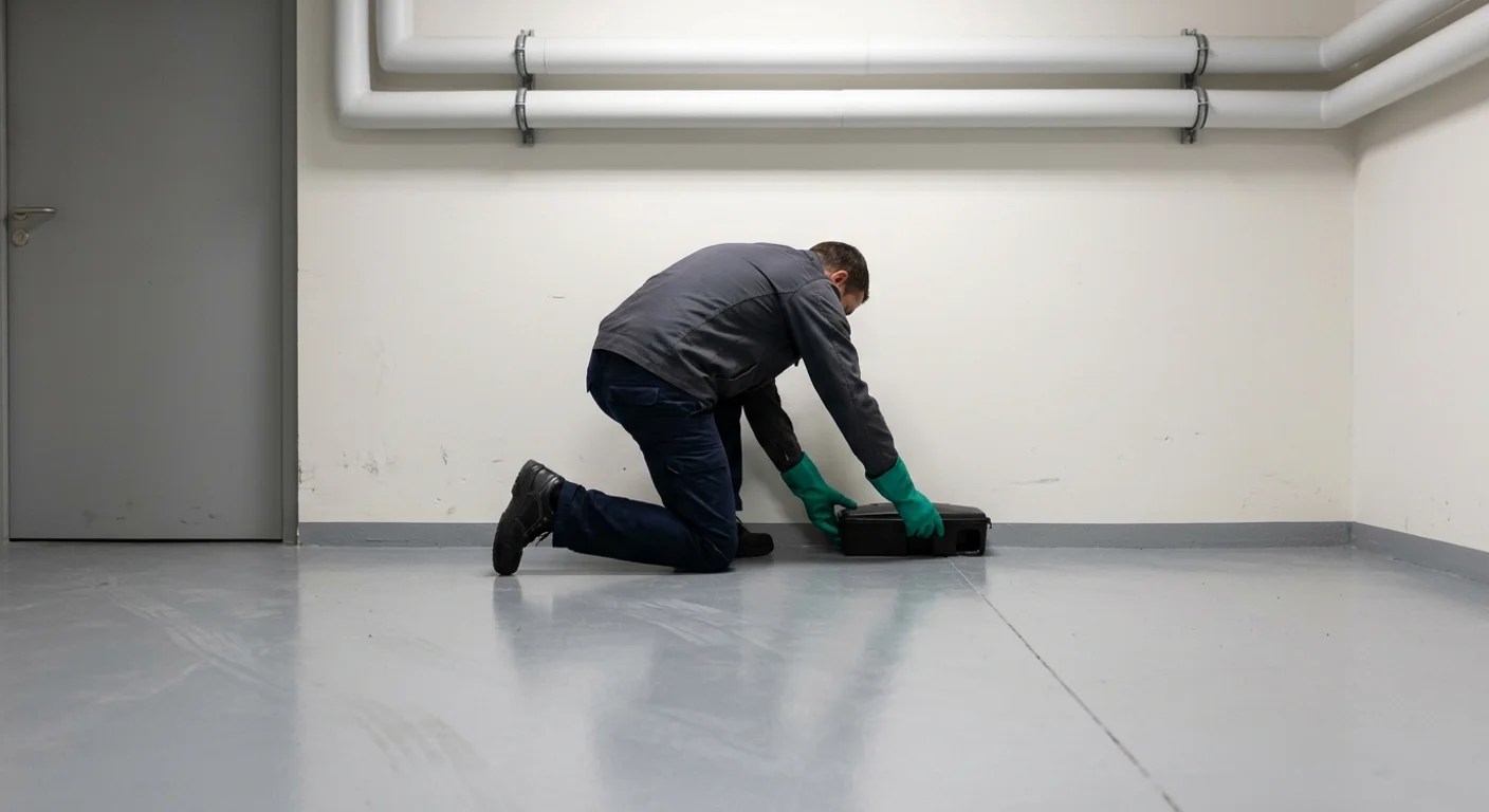 formation-certibiocide-nuisibles Formation Certibiocide Nuisibles : technicien en veste de travail et gants épais, à genoux, qui cale un poste d'appâtage fermé contre le mur d'un local technique au sous-sol